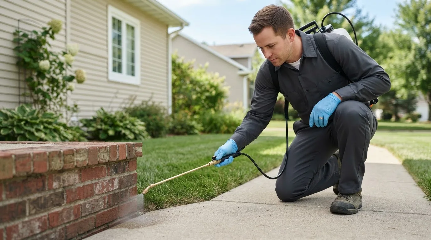 Pest control technician treating a home near Runnells, IA