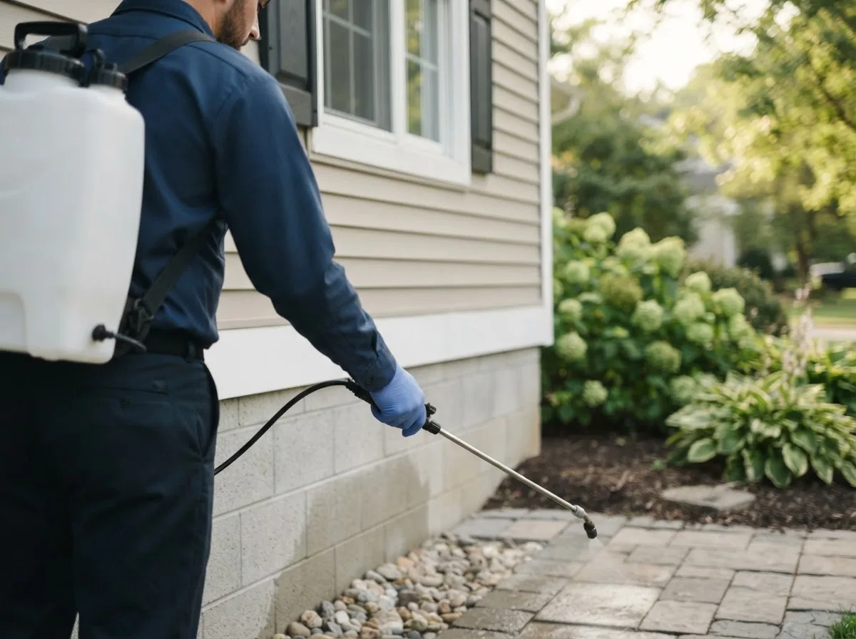 Pest control technician inspecting a home in Runnells, IA